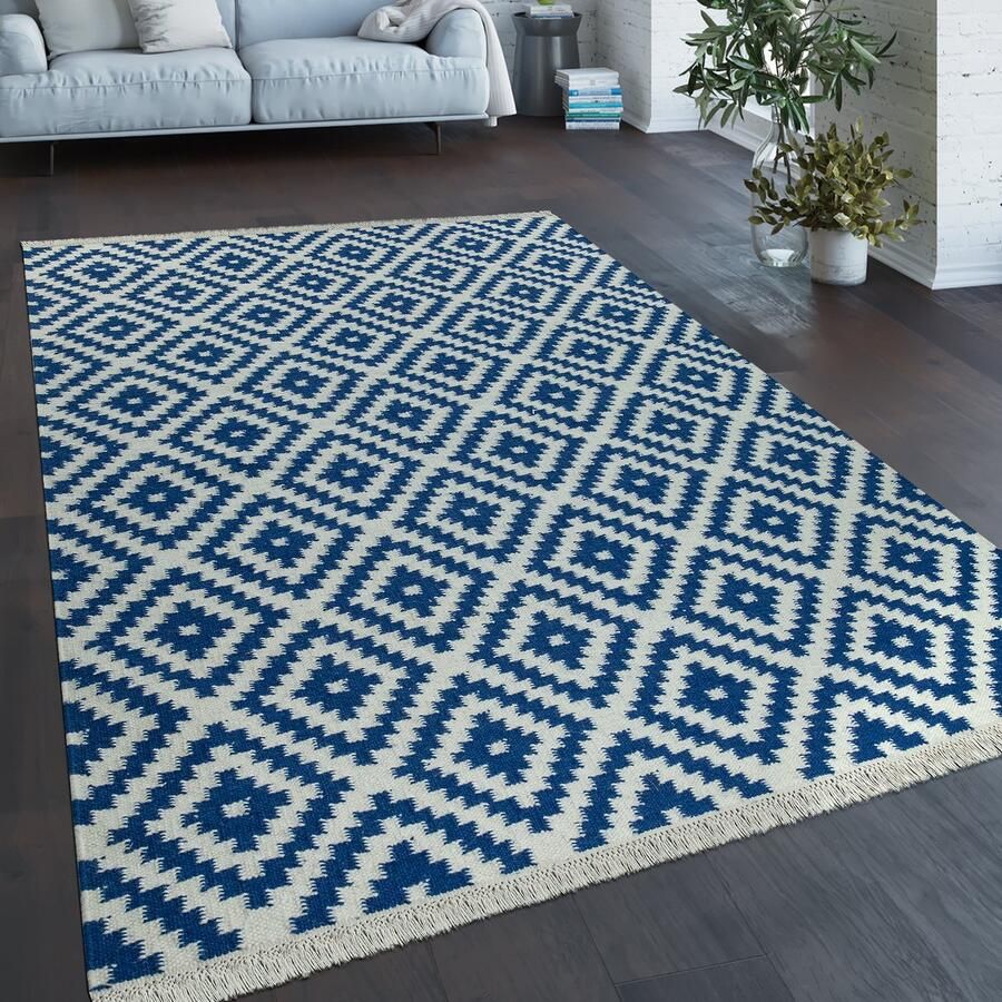 Paco Home Vloerkleed Modern Marokkaans Patroon Handgeweven Scandinavisch Ruiten Franje Blauw Wit 200x300 cm