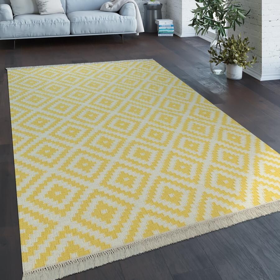 Paco Home Vloerkleed Modern Marokkaans Patroon Handgeweven Scandinavisch Ruiten Franje Geel Wit 200x300 cm