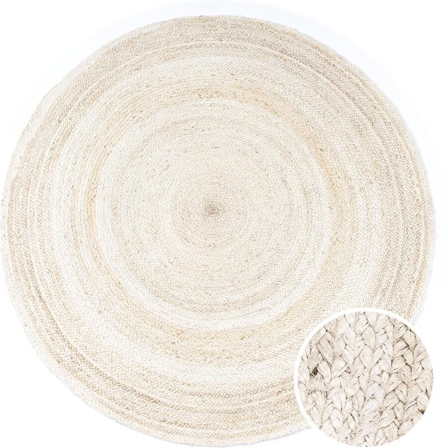 Vloerkleed Rond Woonkamer Jute Boho Ethno Handgemaakt Natuurlijk Vloerkleed Maat:Ø 160 cm rondje Kleur:Wit - Foto 5