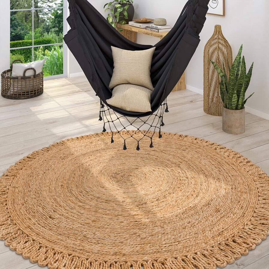 Paco Home Vloerkleed Rond Woonkamer Jute Boho Ethno Handgemaakt Natuurlijk Vloerkleed Ø 100 cm Rund