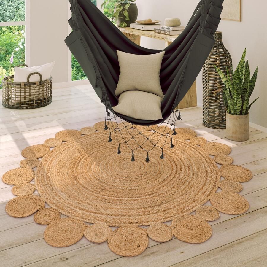 Vloerkleed Rond Woonkamer Jute Boho Ethno Handgemaakt Natuurlijk Vloerkleed Maat:Ø 120 cm rondje Kleur:Natuur 2 - Foto 5