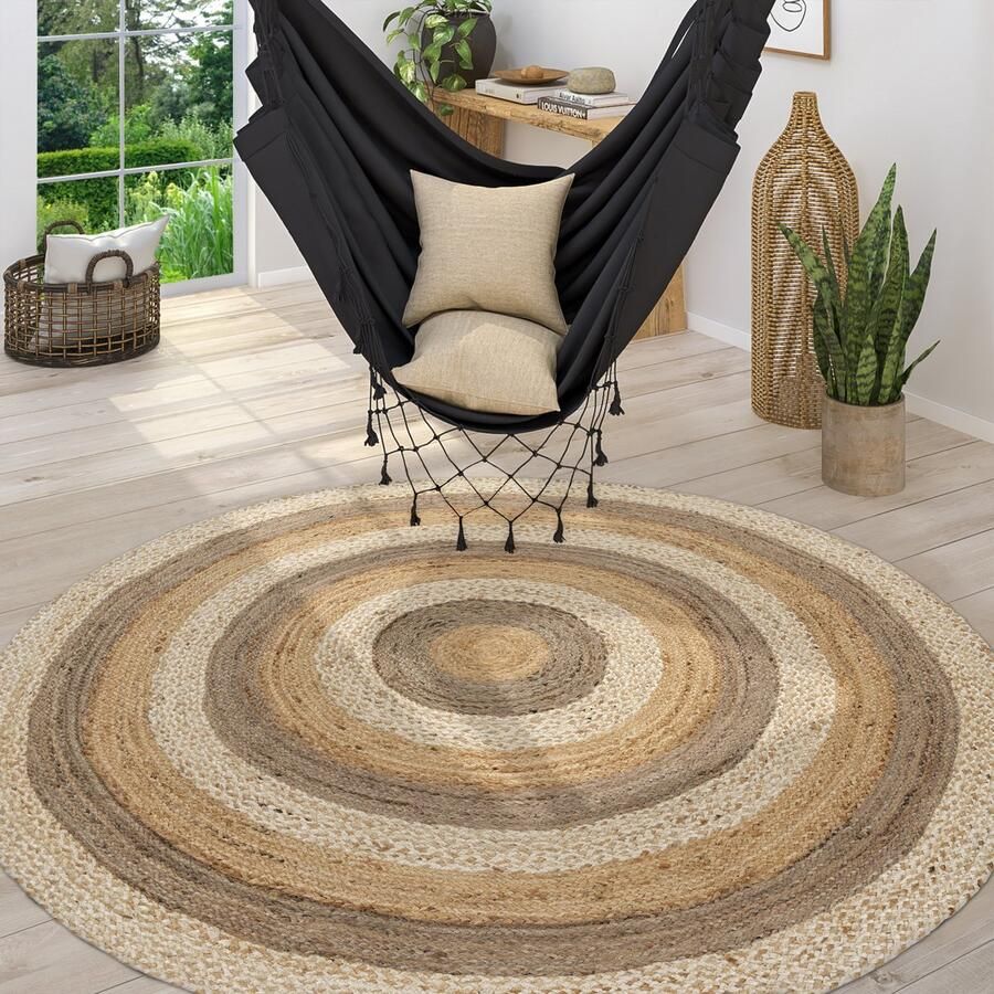Paco Home Vloerkleed Rond Woonkamer Jute Boho Ethno Handgemaakt Natuurlijk Vloerkleed 160 cm Rund