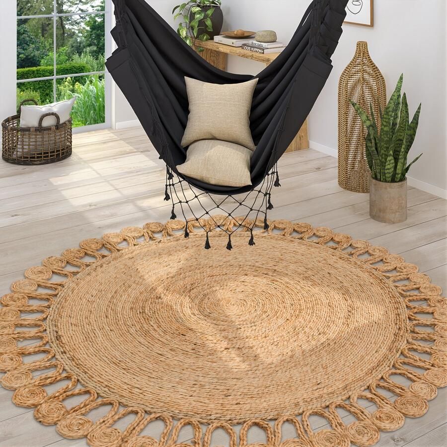Paco Home Vloerkleed Rond Woonkamer Jute Boho Ethno Handgemaakt Natuurlijk Vloerkleed 120 cm Rund