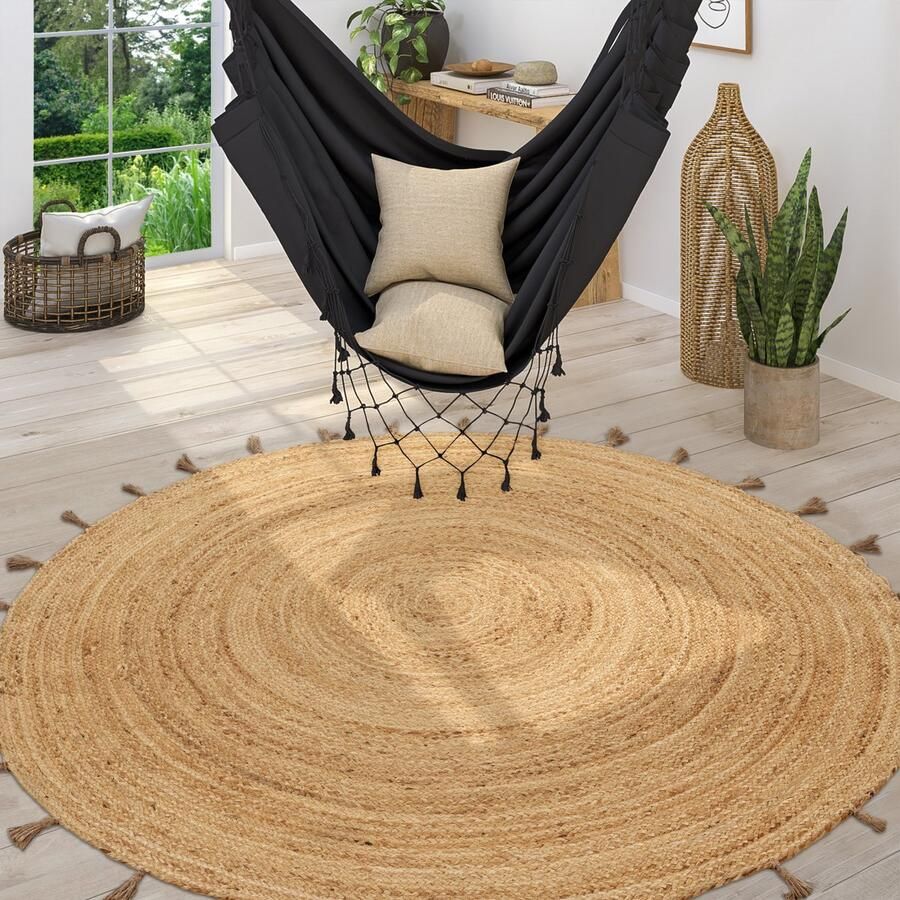 Paco Home Vloerkleed Rond Woonkamer Jute Boho Ethno Handgemaakt Natuurlijk Vloerkleed 200 cm Rund