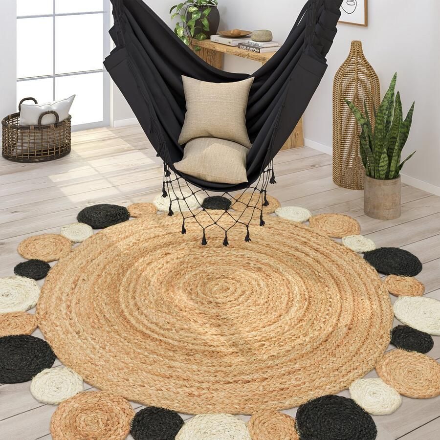 Paco Home Vloerkleed Rond Woonkamer Jute Boho Ethno Handgemaakt Natuurlijk Vloerkleed 80 cm Rund