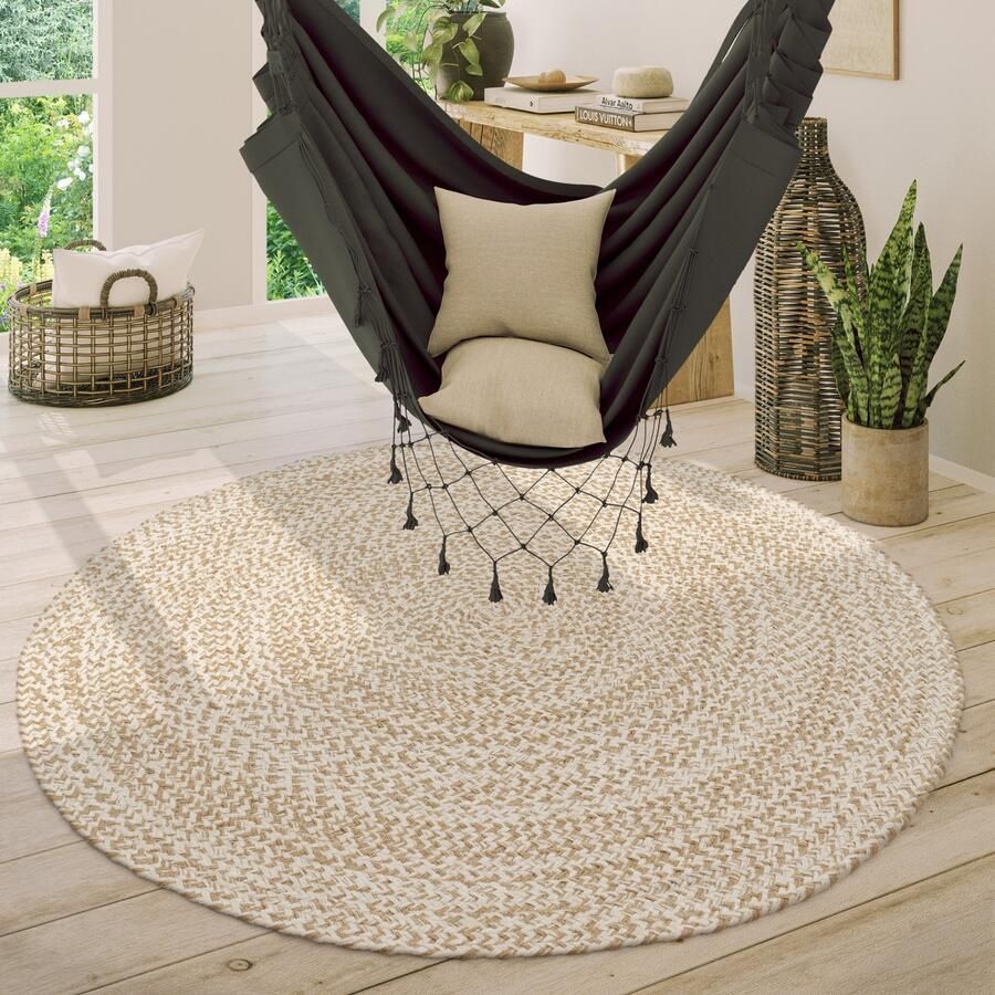Paco Home Vloerkleed Rond Woonkamer Jute Boho Ethno Handgemaakt Natuurlijk Vloerkleed Ø 100 cm Rund - Foto 5