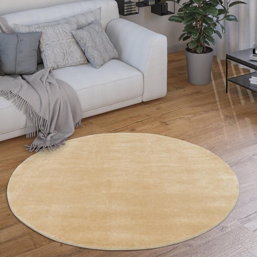 Paco Home Vloerkleed Rond Woonkamer Laagpolig Modern Pluizig Wasbaar Eenkleurig 80 cm Rund