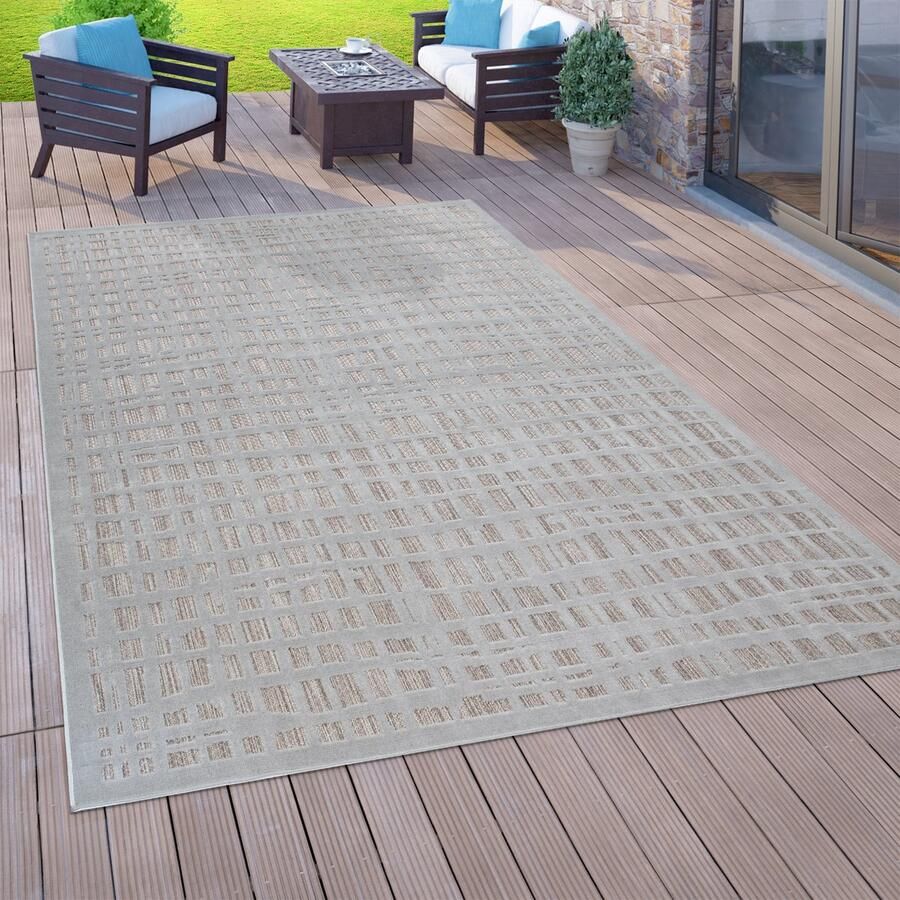 Paco Home Vloerkleed voor binnen en buiten voor balkon en terras platweefsel 3D-blokkenpatroon grijs 80x150 cm - Foto 1