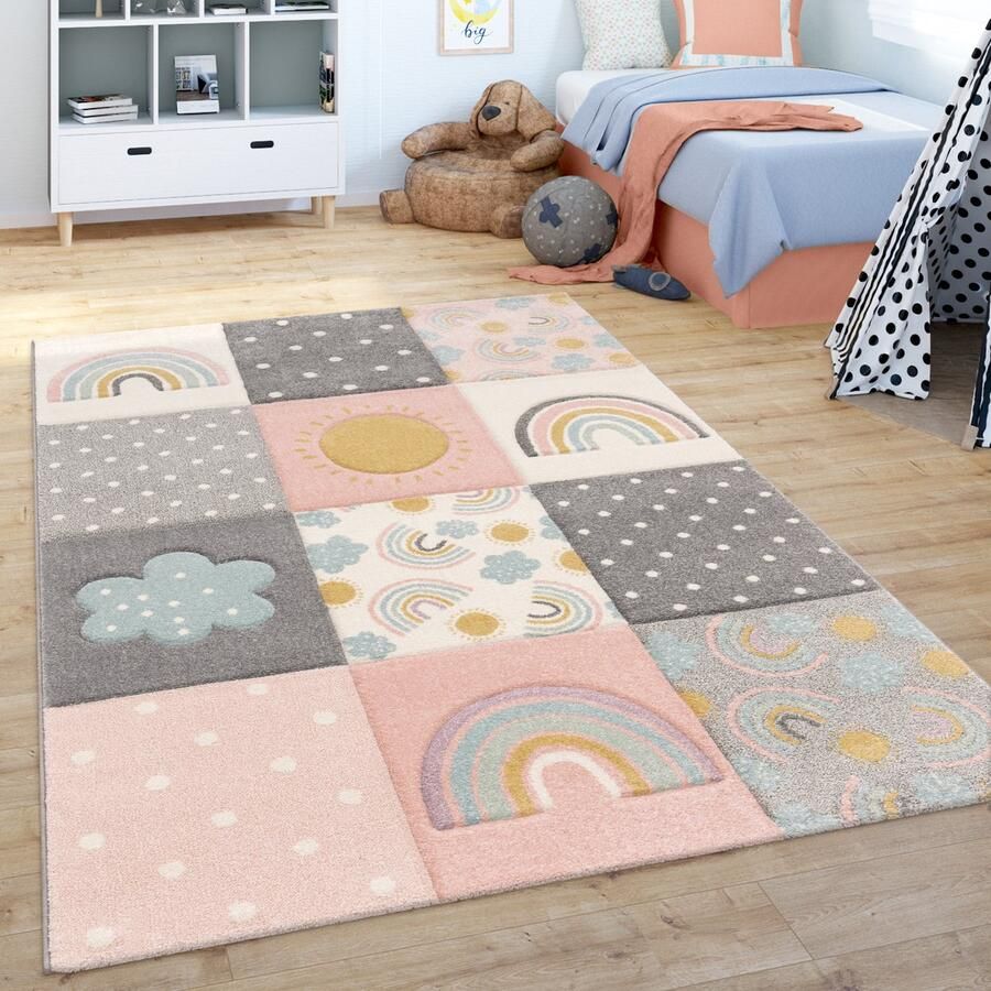 Paco Home Vloerkleed voor de kinderkamer Vloerkleed Kinderkamer Speelvloerkleed Regenboog Wolken Roze Grijs Wit Ø 120 cm Rund