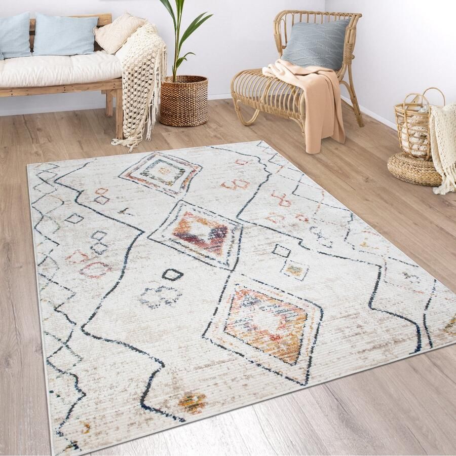 Paco Home Vloerkleed woonkamer boho etno marokkaans patroon modern laagpolig structuur bont beige 80x150 cm
