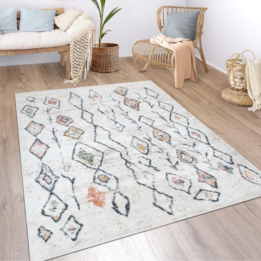 Paco Home Vloerkleed woonkamer boho etno marokkaans patroon modern laagpolig structuur bont beige 80x150 cm
