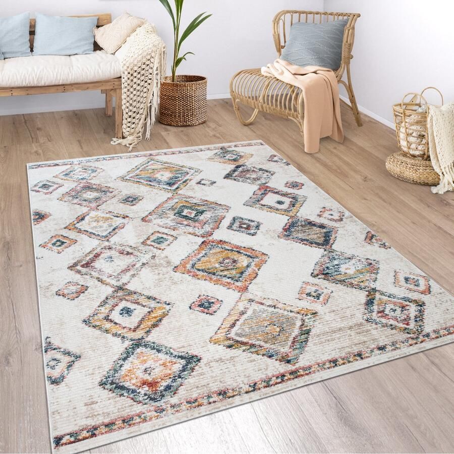 Paco Home Vloerkleed woonkamer boho etno marokkaans patroon modern laagpolig structuur bont beige 80x150 cm
