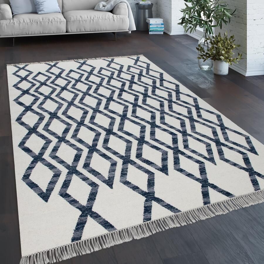 Paco Home vloerkleed woonkamer Boho stijl franje handgeweven wol-katoen mengsel blauw 60x110 cm
