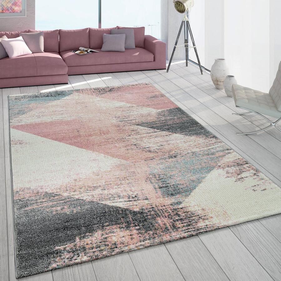 Paco Home Vloerkleed Woonkamer Grijs Wit Roze Pastel Driehoekpatroon Vintage-Design Laagpolig 240x340 cm