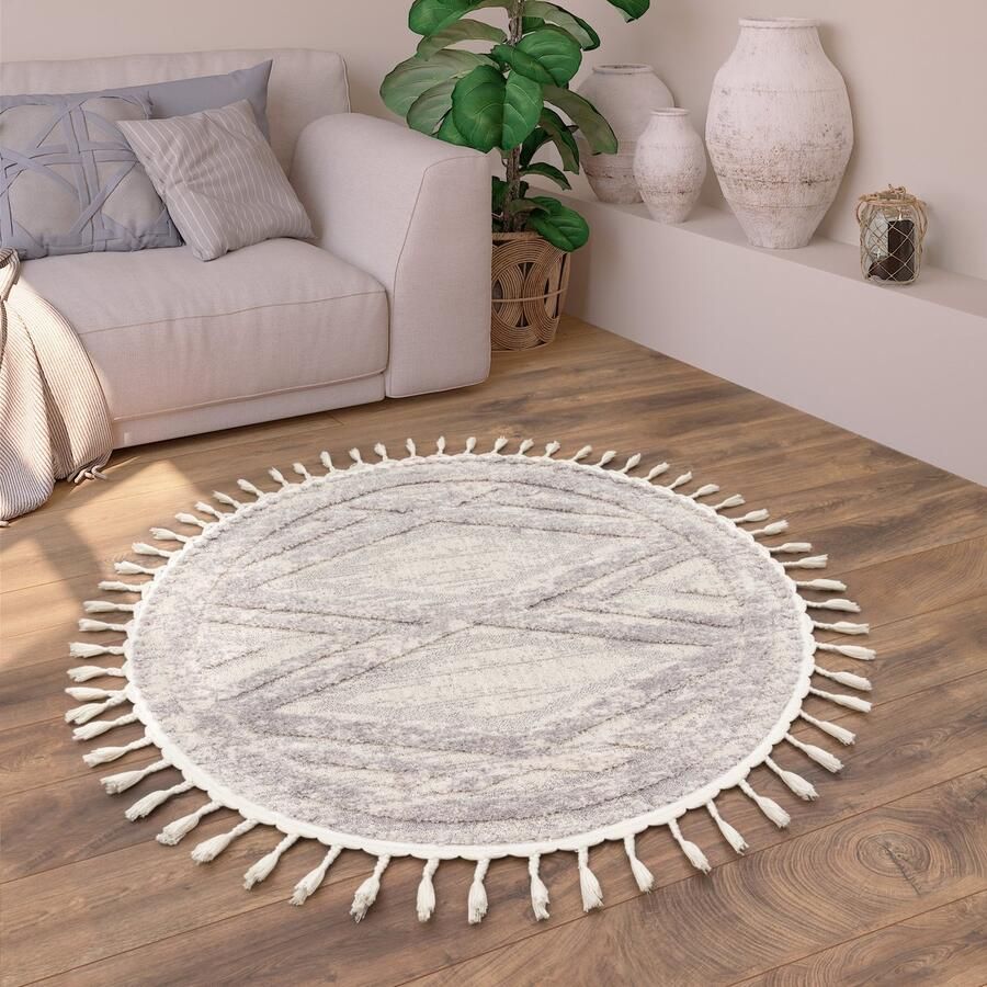 Paco Home Vloerkleed Woonkamer Laagpolig Boho Berber Scandinavisch Rhombus 3D Franjes 120 cm Rund