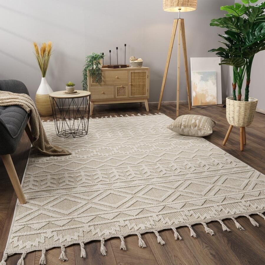 Paco Home Vloerkleed Woonkamer Laagpolig Boho Patroon Scandinavisch Franjes 120x160 cm