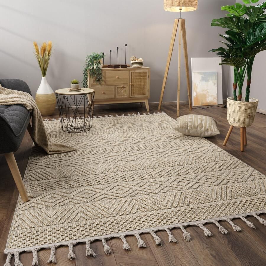 Paco Home Vloerkleed Woonkamer Laagpolig Boho Patroon Scandinavisch Franjes 120x160 cm