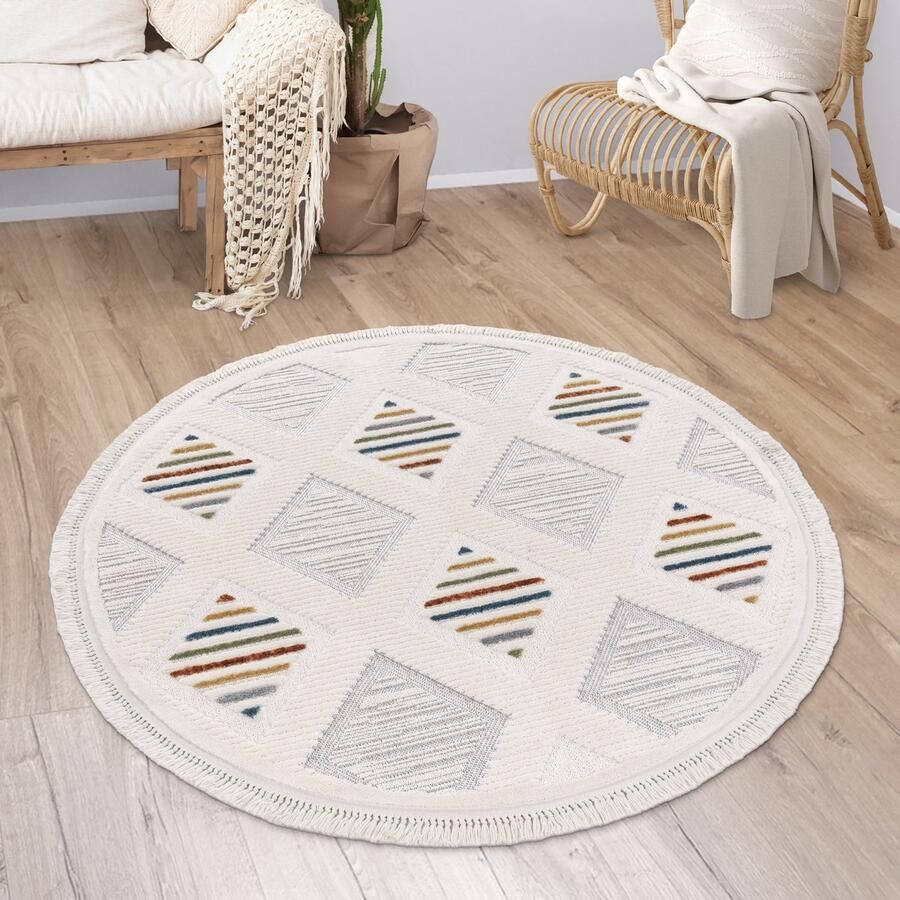 Paco Home Vloerkleed Woonkamer Laagpolig Modern Boho Berber Scandi Geometrisch Franjes 160 cm Rund