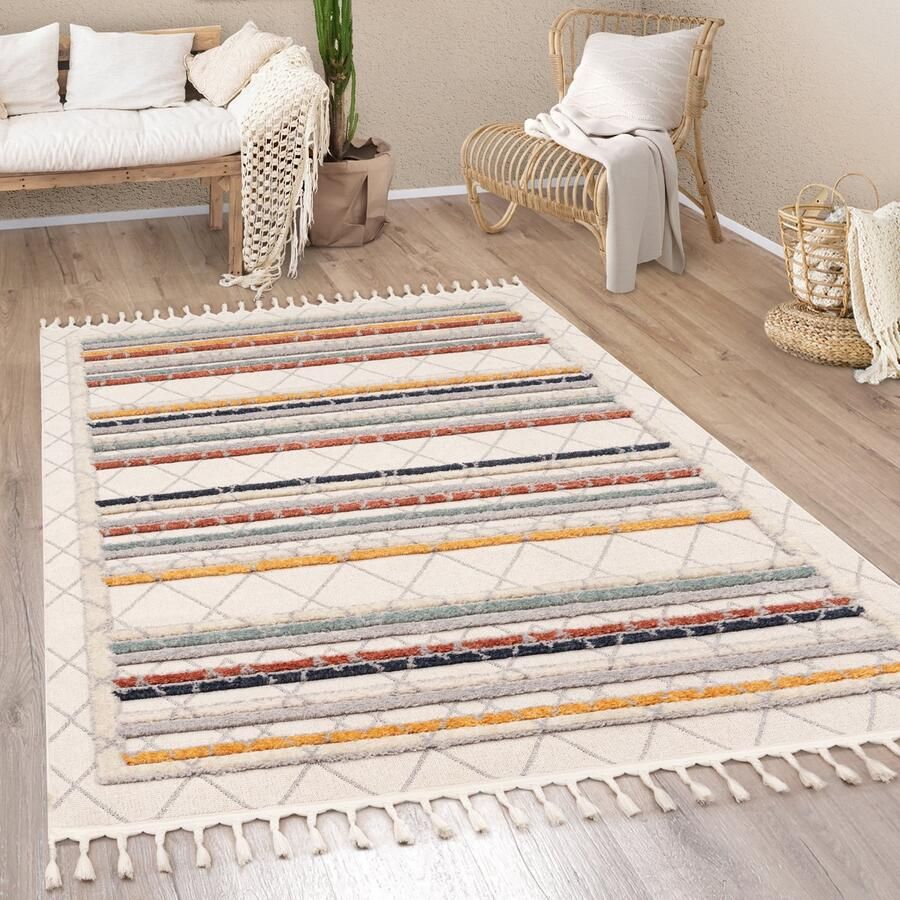 Paco Home Vloerkleed Woonkamer Laagpolig Modern Boho Berber Scandi Geometrisch Franjes 120x170 cm