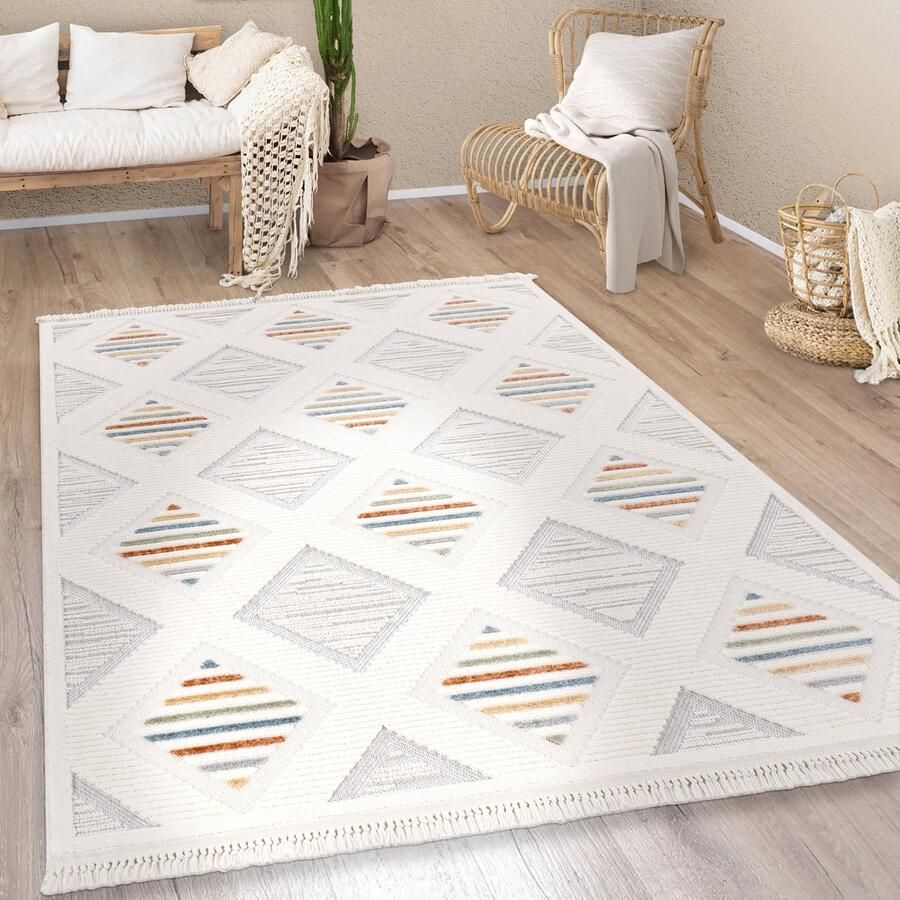 Paco Home Vloerkleed Woonkamer Laagpolig Modern Boho Berber Scandi Geometrisch Franjes 160x230 cm