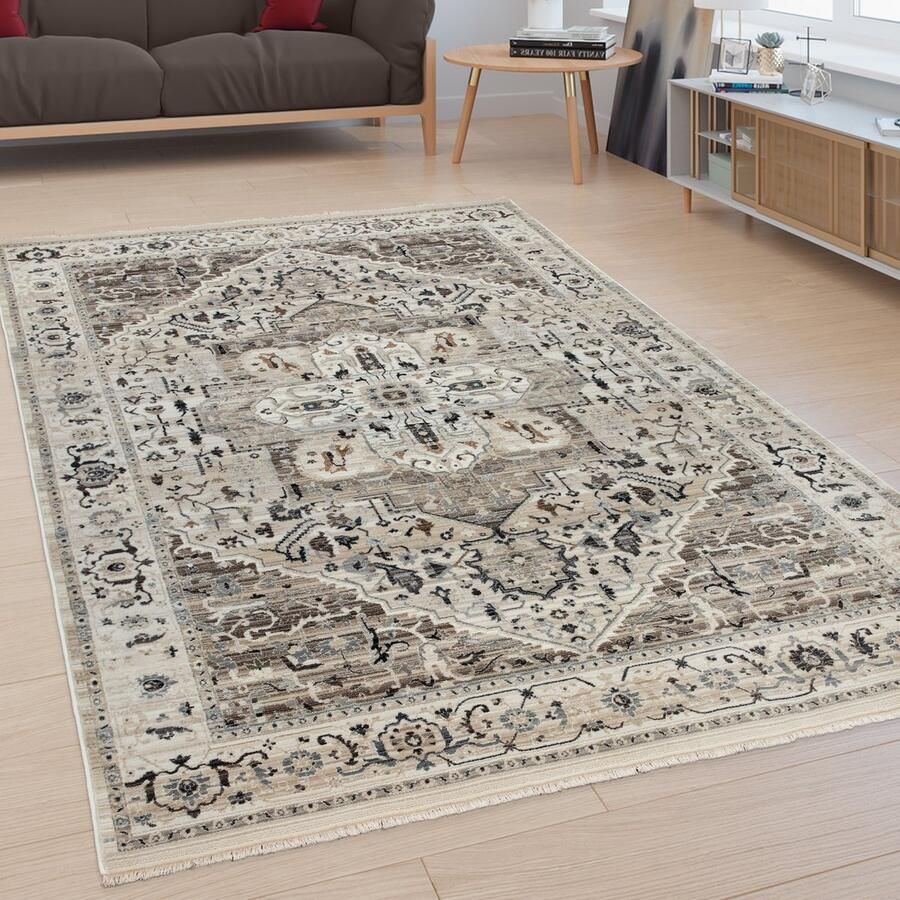 Paco Home Vloerkleed Woonkamer Laagpolig Oriëntaals Patroon Ornamenten Randen Beige Crème 240x320 cm