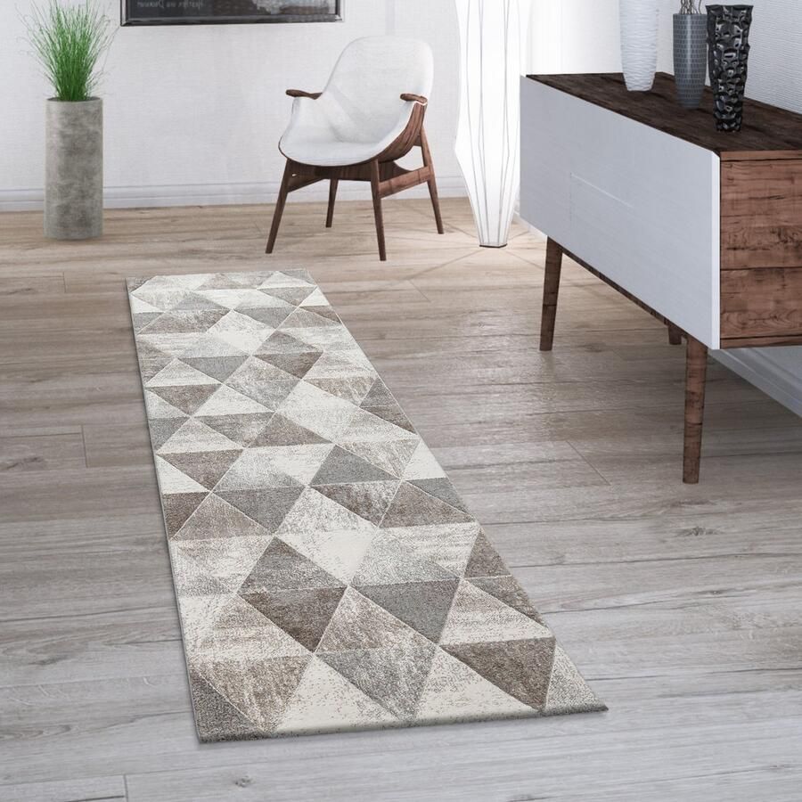 Paco Home Vloerkleed Woonkamer Laagpolig Vintage Geometrisch Patroon Moderne 3D Look 80x300 cm