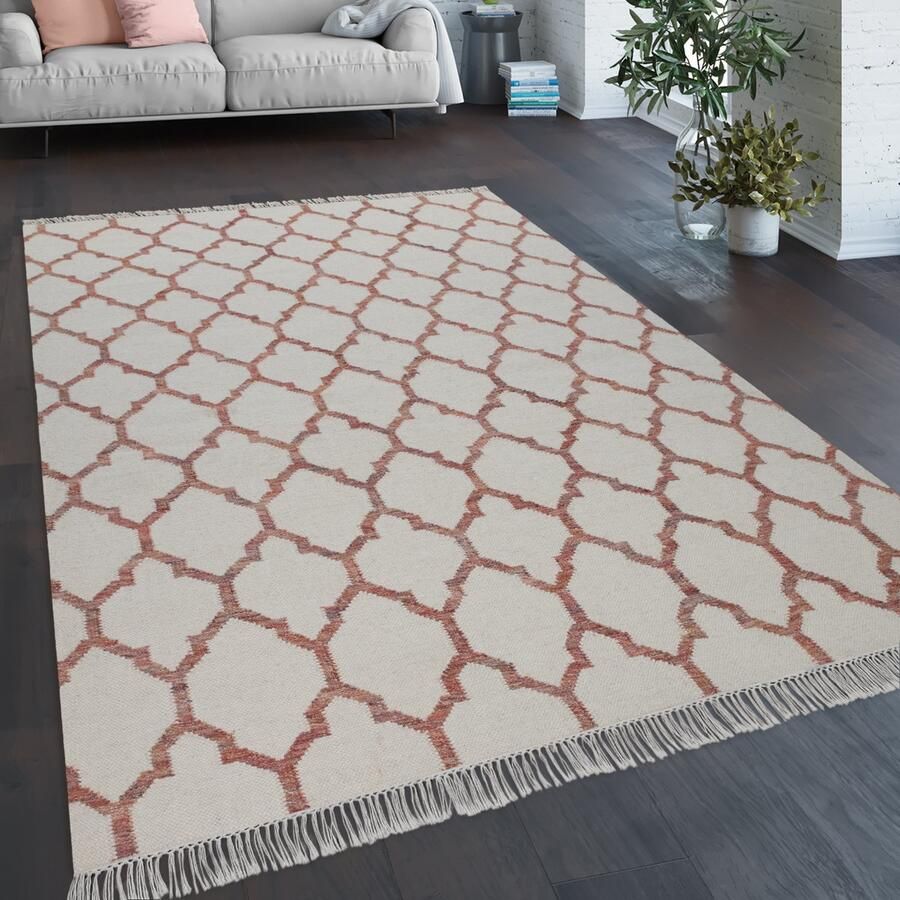Paco Home Wollen kleed Kenitra 503 Handgeweven vloerkleed platweefsel zuivere wol met de hand geweven met franje