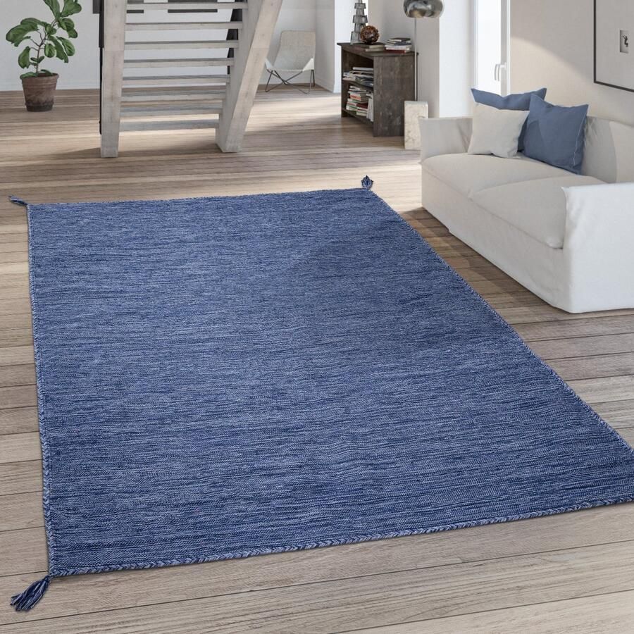 Paco Home Vloerkleed Woonkamer Modern Eenkleurig Franjes Katoen Geweven Vloerkleed Blauw 200x290 cm