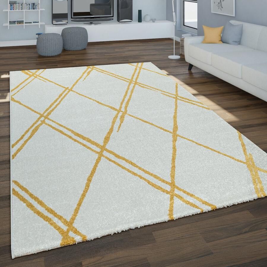 Paco Home Vloerkleed Woonkamer Moderne Geometrische Patronen In Grijze En Mosterdgele Tinten 80x300 cm