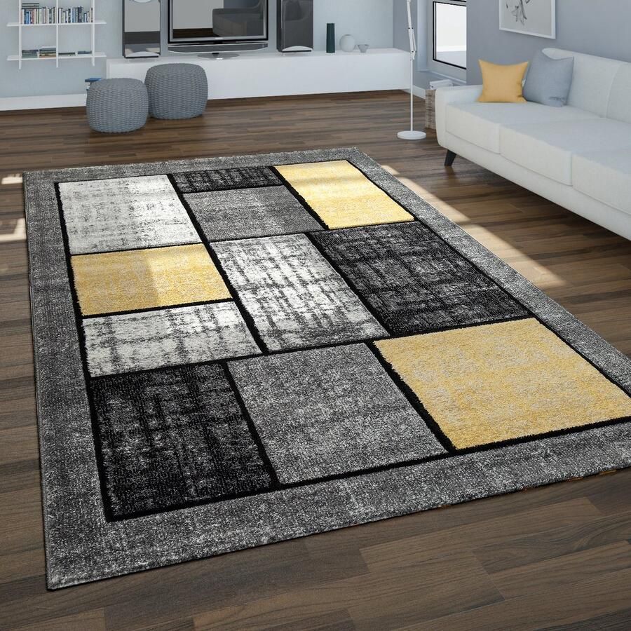 Paco Home Vloerkleed Woonkamer Moderne Geometrische Patronen In Grijze En Mosterdgele Tinten 80x300 cm