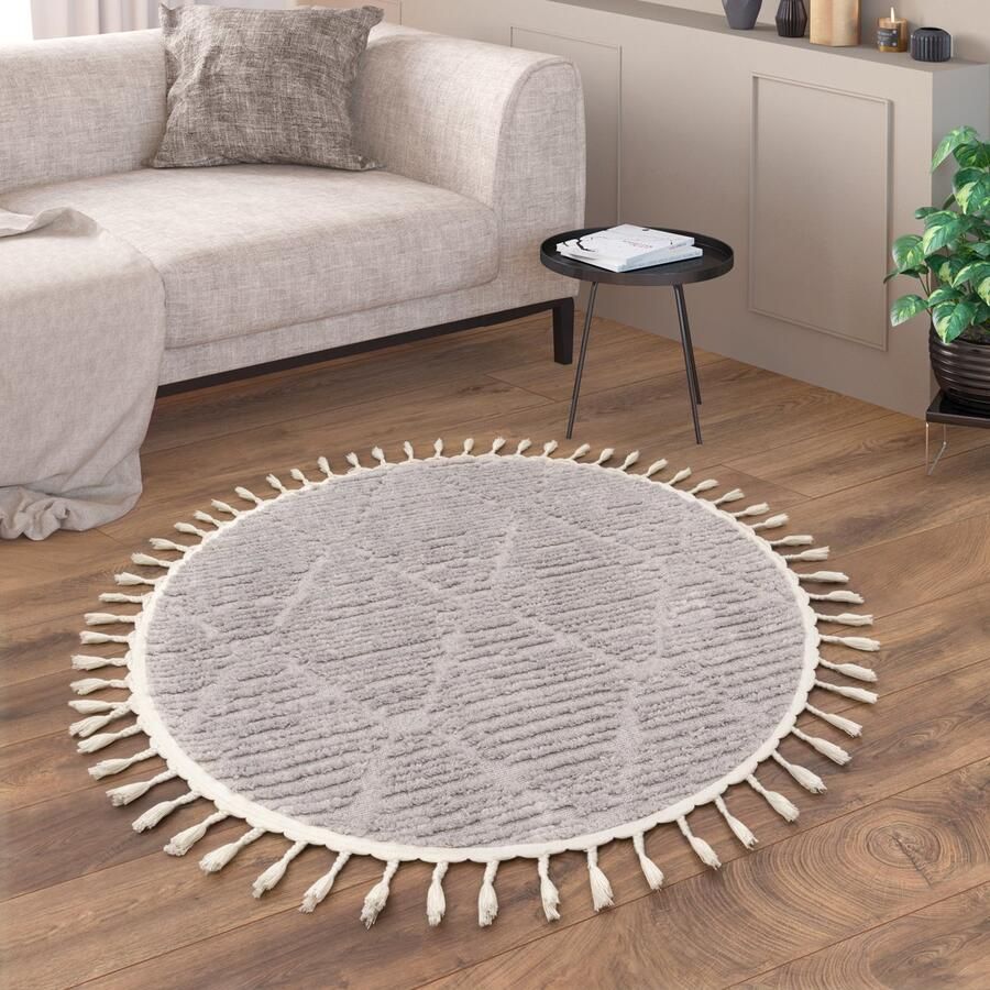 Paco Home Vloerkleed Woonkamer Rond Laagpolig Boho Scandinavisch Patroon Geometrisch 120 cm Rund