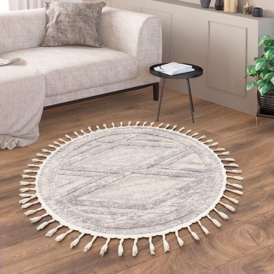 Paco Home Vloerkleed Woonkamer Rond Laagpolig Boho Scandinavisch Patroon Geometrisch 120 cm Rund