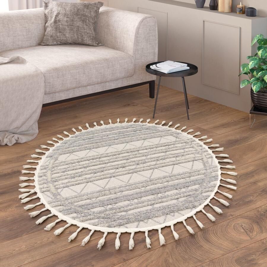 Paco Home Vloerkleed Woonkamer Rond Laagpolig Boho Scandinavisch Patroon Geometrisch 120 cm Rund