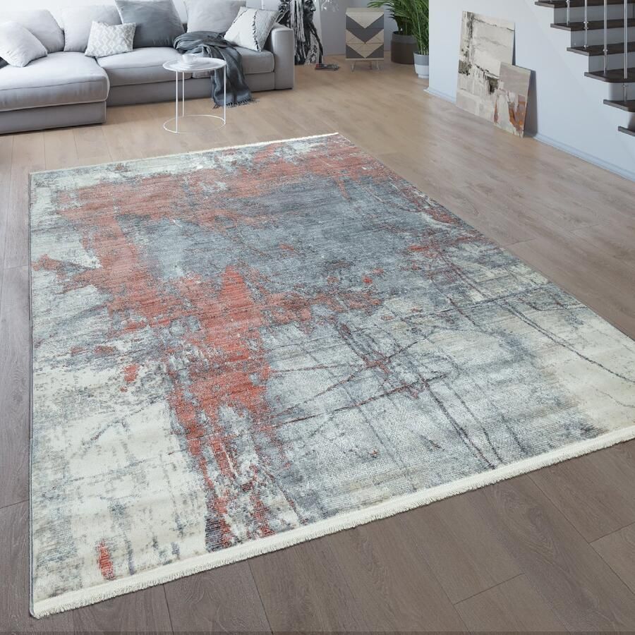 Paco Home Vloerkleed Woonkamer Vintage Laagpolig Abstract patroon Blauw Rood Beige Grijs 80x150 cm