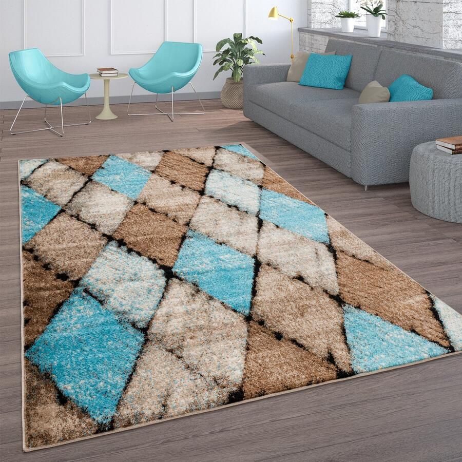 Paco Home Vloerkleed Woonkamer Vintage Laagpolig Marokkaans Patroon Ruiten Turquoise Bruin 80x150 cm