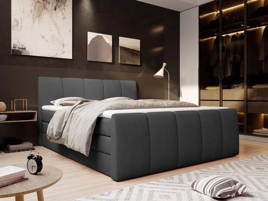 Palacio Boxspring met hoofdeinde opbergruimte matras en topmatras VERONE van DREAMEA Antraciet 160 x 200 cm L 222 cm x H 111 cm x D 169 cm