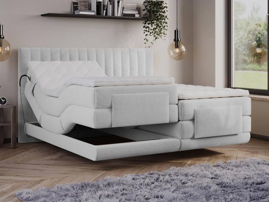 Vente-unique Set boxspringbed met hoofdbord en verticale stiksels + elektrische relaxbedbodems + matras + dekmatras 2 x 90 x 200 cm Velours Lichtgrijs DONISI van PALACIO L 215 cm x H 118 cm x D 188 cm - Foto 2