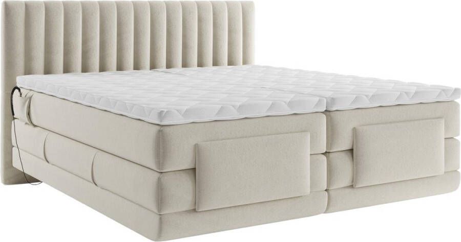 Palacio Complete boxspring set met verticale stiksels voor hoofdbord + elektrisch verstelbare ontspanningsmatrassen + matras + topper 2 x 80 x 200 cm Fluweel Beige DONISI van L 215 cm x H 118 cm x D 168 cm - Foto 2