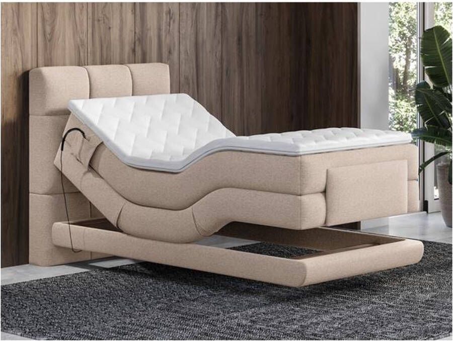 Vente-unique Complete boxspringset met gestoffeerd hoofdbord – Elektrisch verstelbare relaxbedbodems – Met matras – Met topmatras – 100 x 200 cm – Stoffen bekleding – Beige – LODI van PALACIO L 215 cm x H 118 cm x D 108 cm - Foto 3