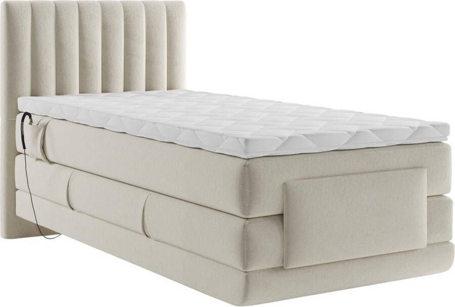 Palacio Complete set boxspringbed met hoofdbord met verticale stiksels + elektrische relaxbedbodems + matras + dekmatras 100 x 200 cm Velours Beige DONISI van L 215 cm x H 118 cm x D 108 cm