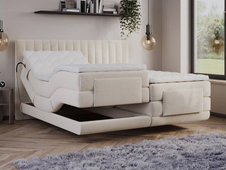 Vente-unique Complete set boxspringbed met hoofdbord met verticale stiksels + elektrische relaxbedbodems + matras + dekmatras 2 x 90 x 200 cm Velours Beige DONSI van PALACIO L 215 cm x H 118 cm x D 188 cm