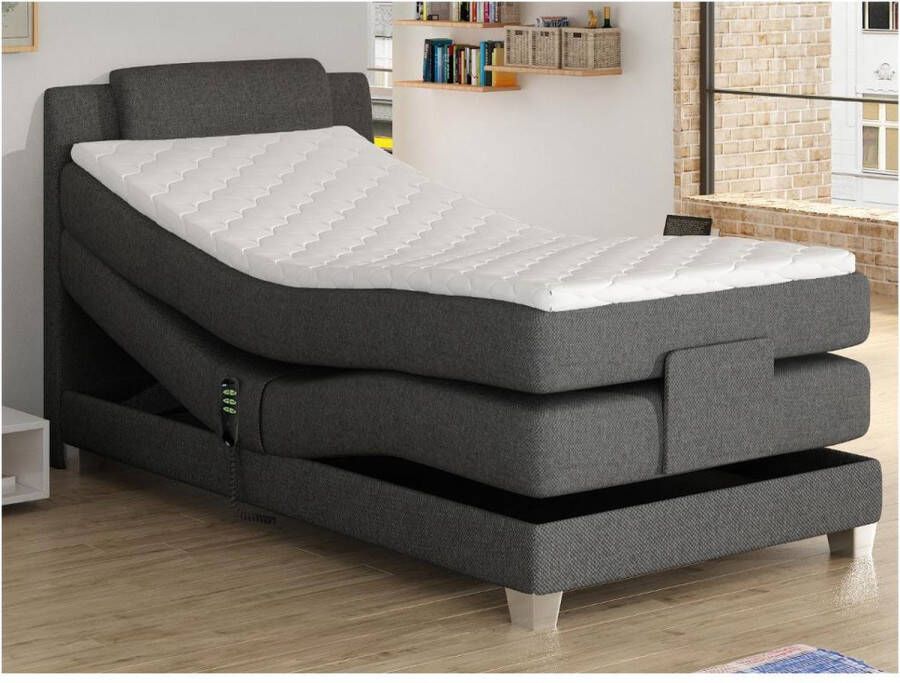 Vente-unique Set boxspring hoofdbord + Elektrische bedbodem + matras + topmatras CASTEL van PALACIO 100x200cm Lichtgrijze stof L 215 cm x H 112 cm x D 107 cm - Foto 2
