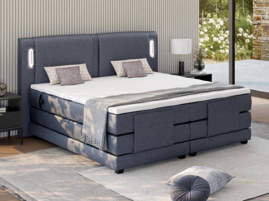 Vente-unique Set boxspring + hoofdbord met ledlampjes + elektrische relaxbedbodems + matras + topmatras 2 x 80 x 200 cm Blauwe stof ASTEMI van PALACIO L 214 cm x H 122 cm x D 181 cm
