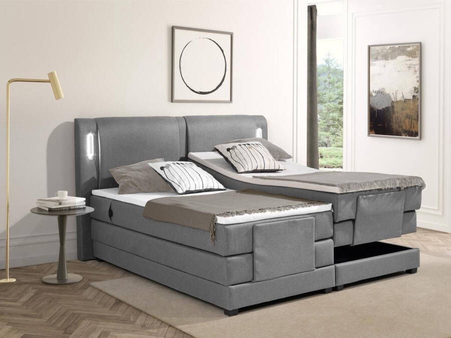 Palacio Set boxspring + hoofdbord met ledlampjes + elektrische relaxbedbodems + matras + topmatras 2 x 90 x 200 cm Grijze stof ASTEMI van L 214 cm x H 122 cm x D 201 cm - Foto 3