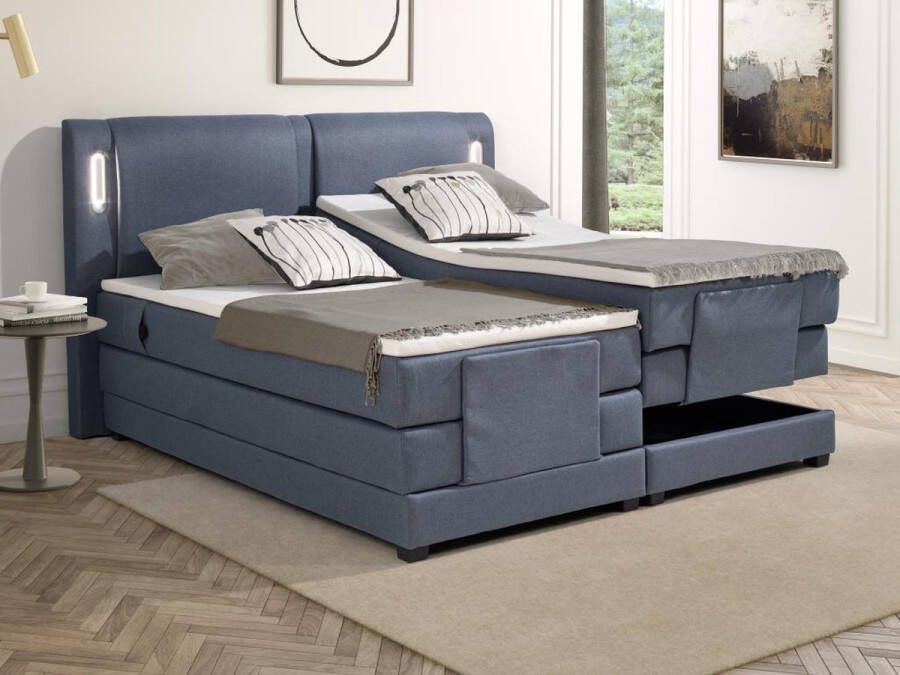 Palacio Set boxspring + hoofdbord met ledlampjes + elektrische relaxbedbodems + matras + topmatras 2 x 90 x 200 cm Blauwe stof ASTEMI van L 214 cm x H 122 cm x D 201 cm