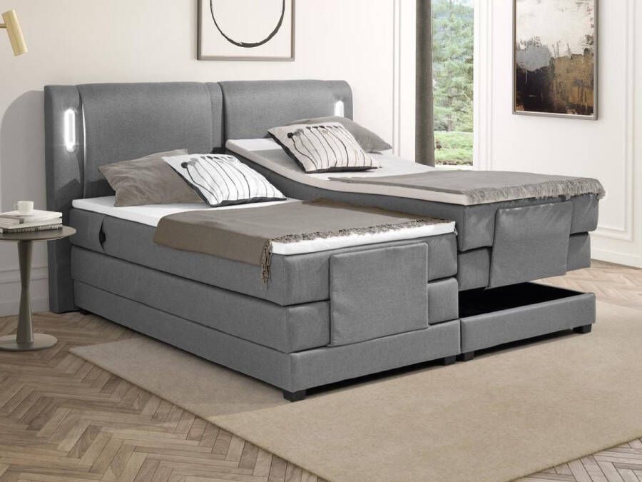 Palacio Set boxspring + hoofdbord met ledlampjes + elektrische relaxbedbodems + matras + topmatras 2 x 90 x 200 cm Grijze stof ASTEMI van L 214 cm x H 122 cm x D 201 cm