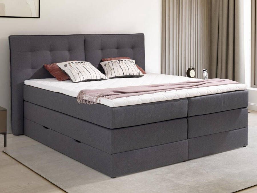 Palacio Set boxspring met hoofdbord + bedbodems met opbergruimte + matras + dekmatras 180 x 200 cm Antracietkleurige stof PERAMA van L 212 cm x H 126 cm x D 211 cm