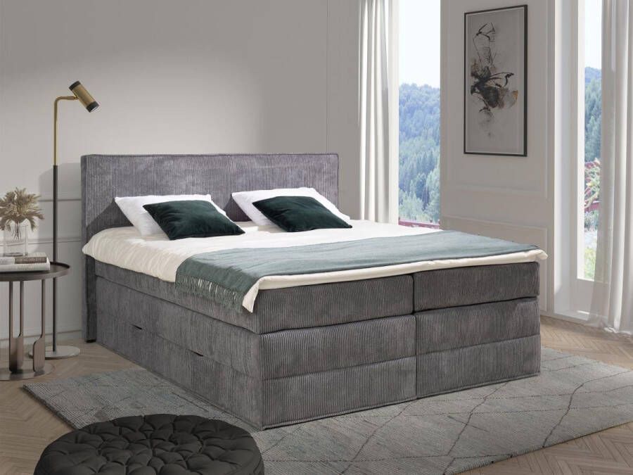 Palacio Set boxspring met hoofdeinde + bedbodems met opbergruimte + matras + dekmatras 2 x 80 x 200 cm Grijs ribfluweel IVOLOS van L 210 cm x H 120 cm x D 176 cm - Foto 2