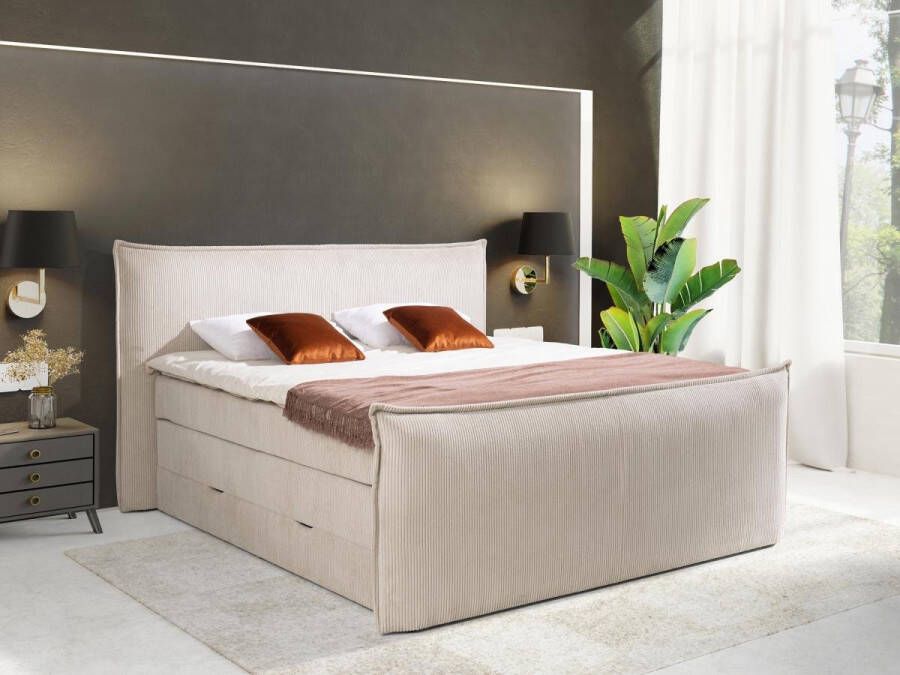 Palacio Set boxspring met hoofdeinde + bedbodems met opbergruimte + matras + dekmatras 2 x 80 x 200 cm Ivoorwit ribfluweel RHODA van L 215 cm x H 200 cm x D 127 cm - Foto 2
