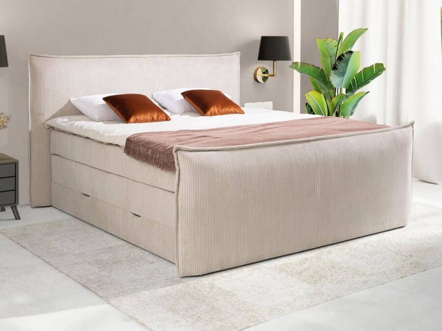Palacio Set boxspring met hoofdeinde + bedbodems met opbergruimte + matras + dekmatras 2 x 80 x 200 cm Ivoorwit ribfluweel RHODA van L 215 cm x H 200 cm x D 127 cm